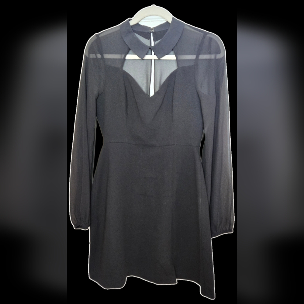 Size 2 BCBGeneration Black Collar Sheer Long-sleeve Mini Dress